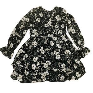 Cottagecore Floral Ruffle Mini Dress | Black, Ivory, Beige Green, Long Sleeve, M